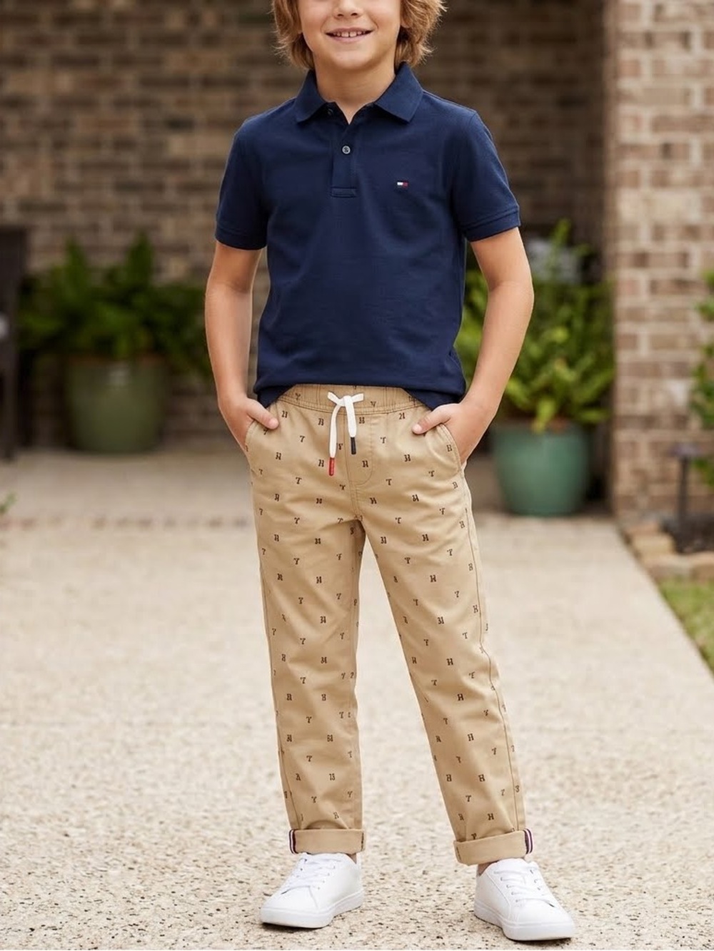 Tommy Hilfiger T H Logo Khaki Drawstring Pants NEW Boys Small Size 8-10 NWT